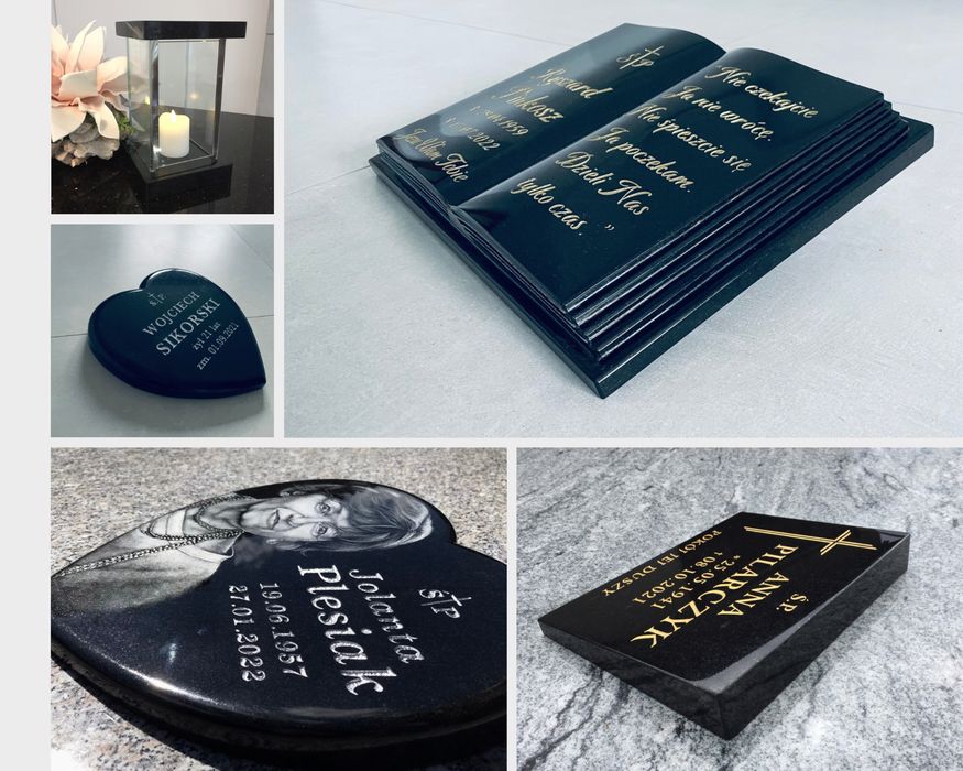 Serca, ksiegi, papirusy GRANITOWE wraz z napisem w kamieniu