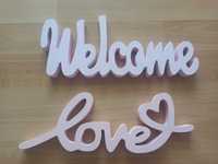 Drewniane napisy love welcome ślub wesele