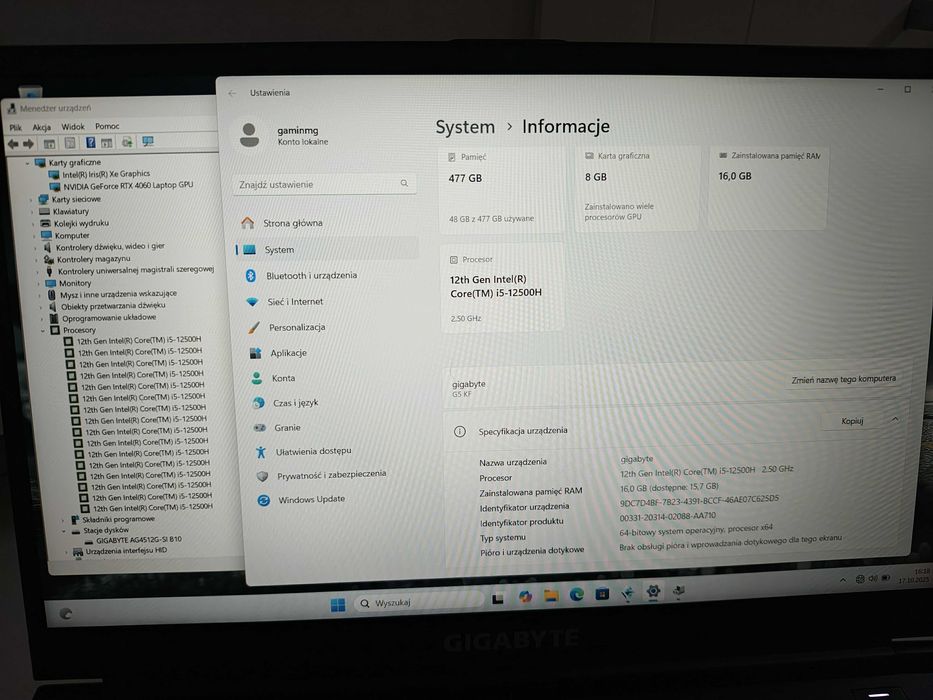 GAMINGOWY Laptop GIGABYTE i5 12GEN 16x4.50Ghz,16GB,RTX4060-8GB/GW2026