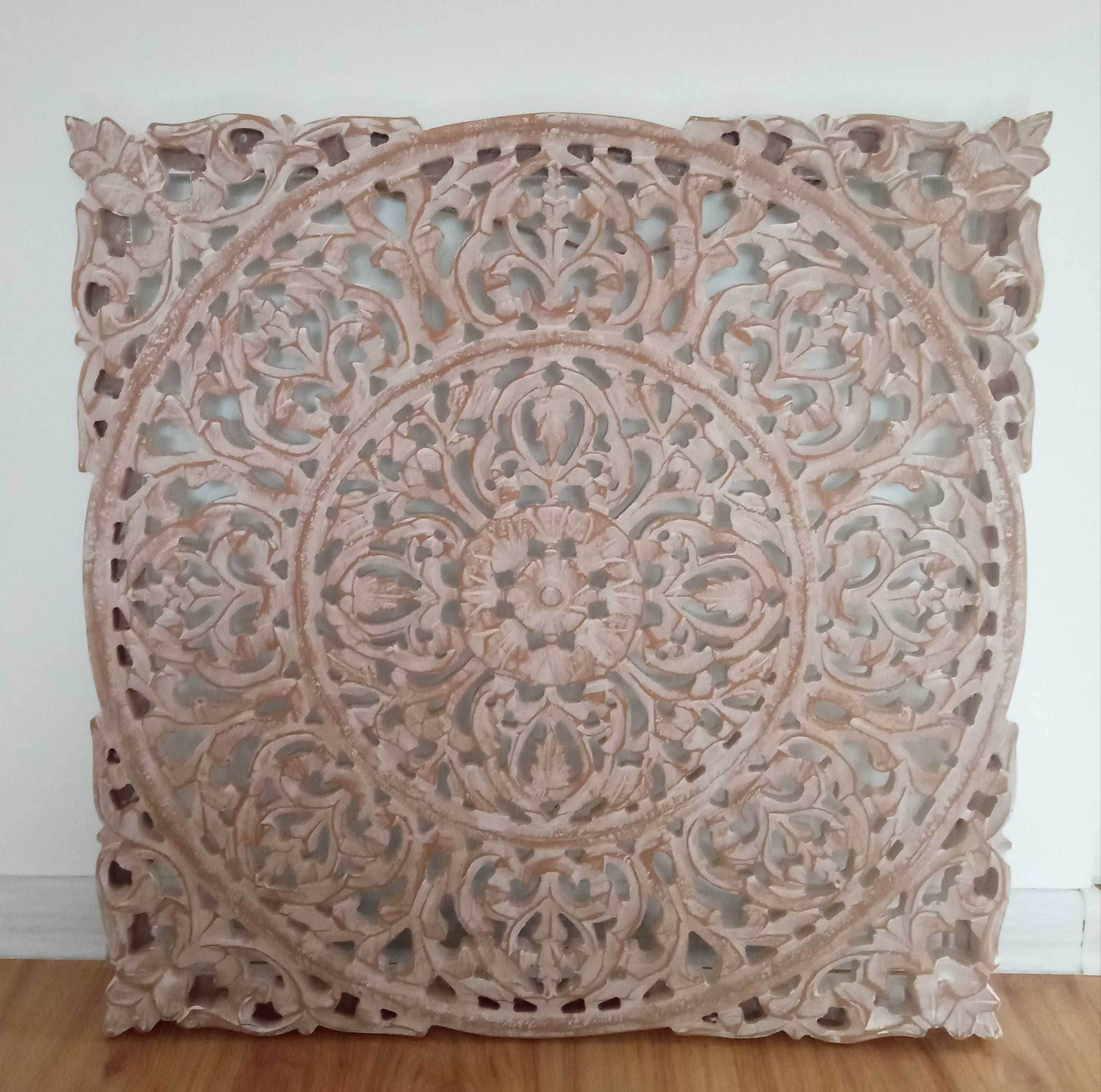 Panel ścienny drewniany ażurowy dekoracyjny bielony 60x60 cm Mandala
