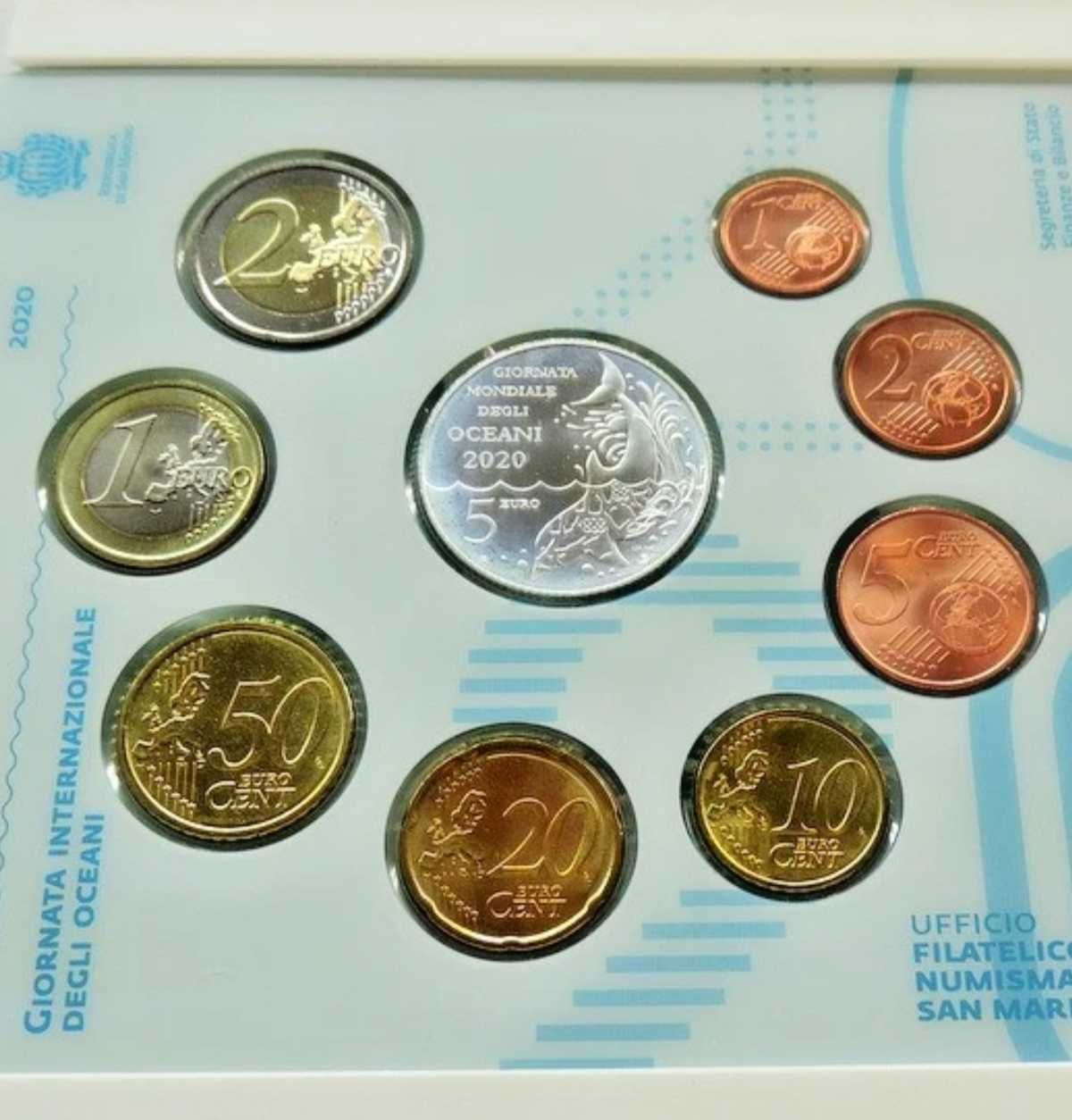 9 Moedas Set San Marino em FDC - Completo 2020 com 5€ Oceani em Prata