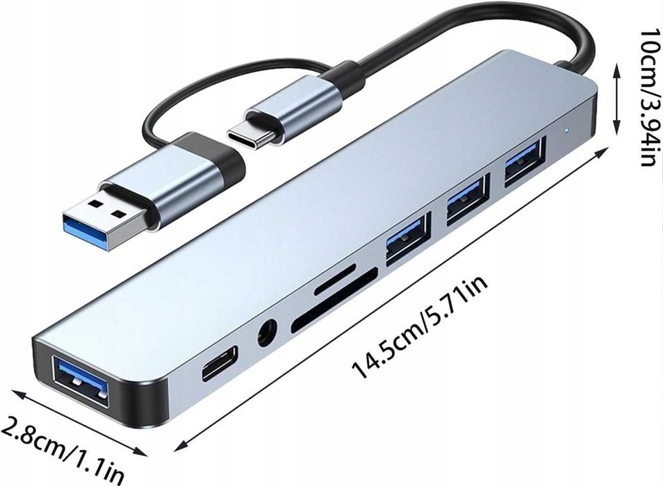 Hub adapter USB-C 8w1 – przejściówka, czytnik USB 3.0, audio