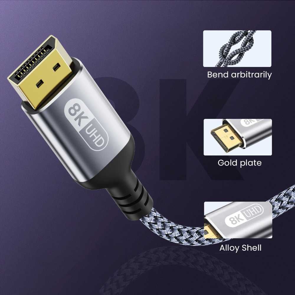 Kabel DP v1.4 DisplayPort Szybki Przesył Danych do 8K SZARY Przewód 2m