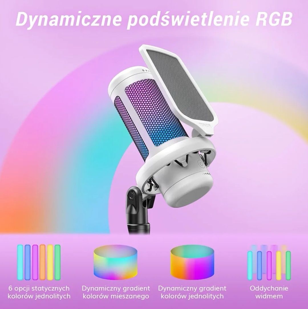 Mikrofon USB do gier TONOR TC310+ z regulowanymi trybami RGB i jasnośc