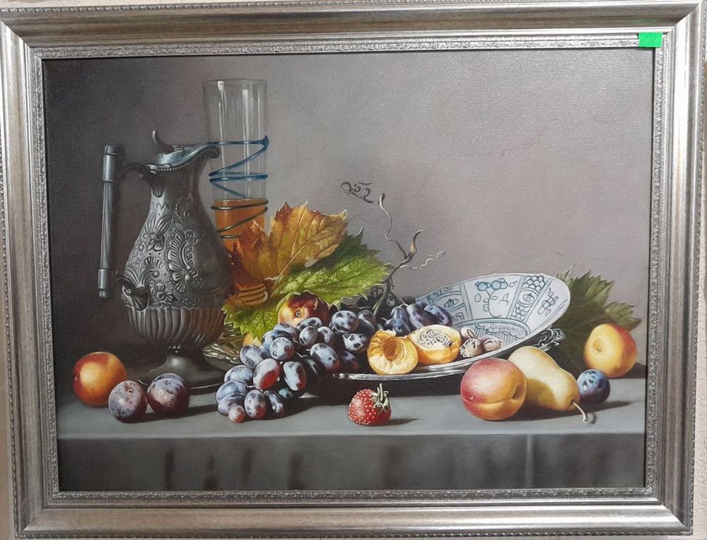 Картина авторская «Натюрморт с кувшином, бокалом вина и фруктами».