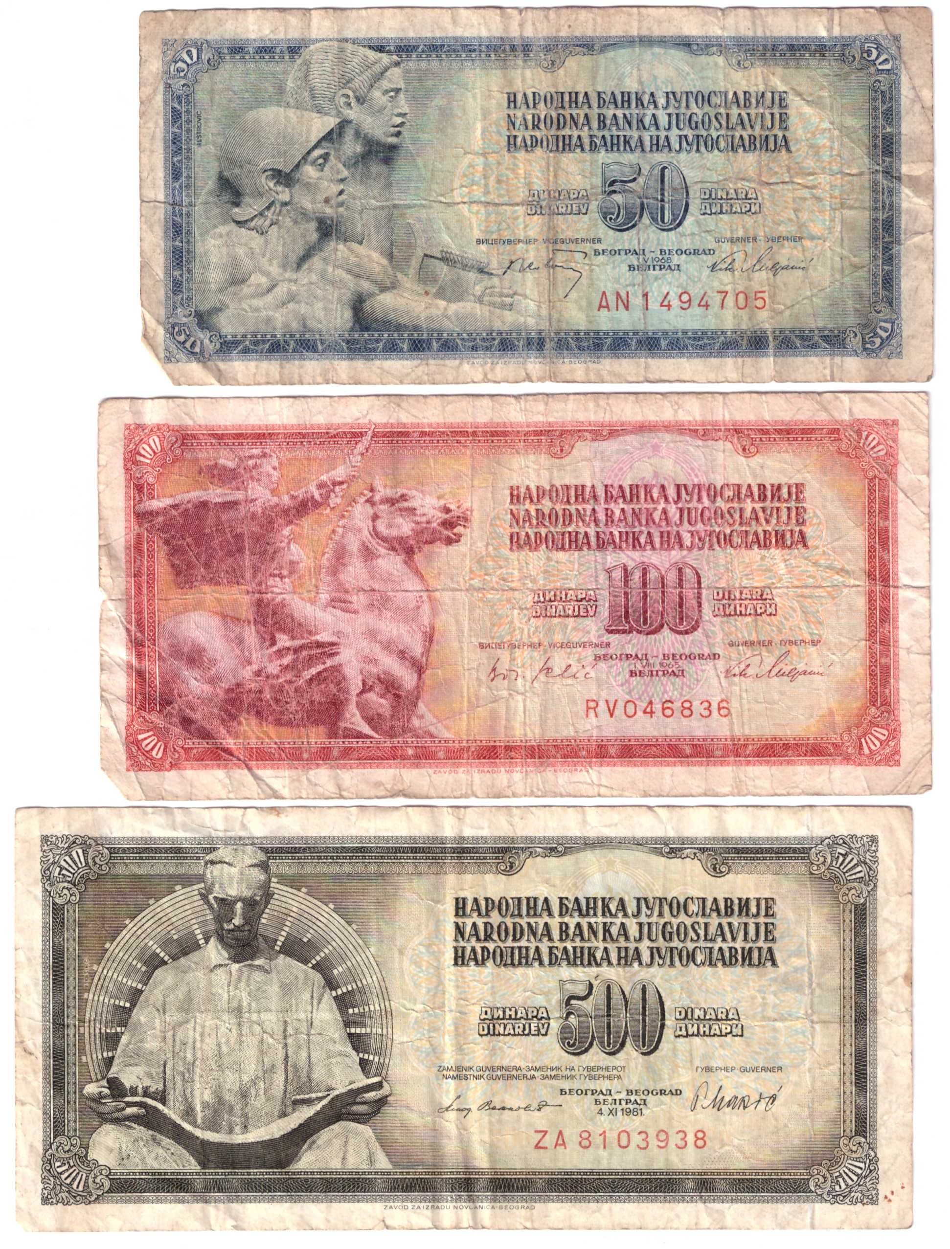 Jugosławia, banknoty 50-500 dinarów 1965-81 (3 szt.)