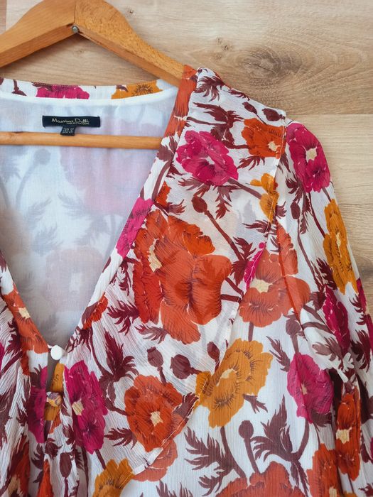 Massimo Dutti jedwabna koszula w kwiaty bez kołnierzyka dekolt V seda