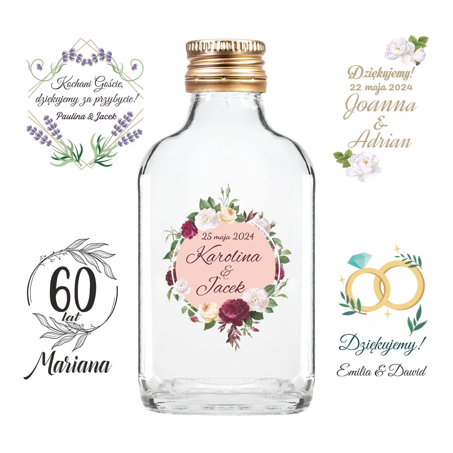 50x butelka PIERSIÓWKA 100 ml na wesele z naklejkami + zakrętka