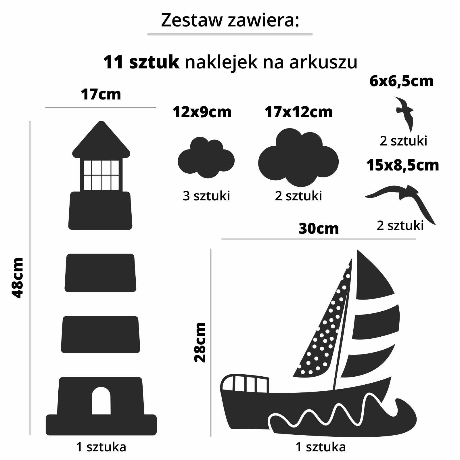 Naklejki ścienne na ścianę dla dzieci, latarnia morska, statek, chmury