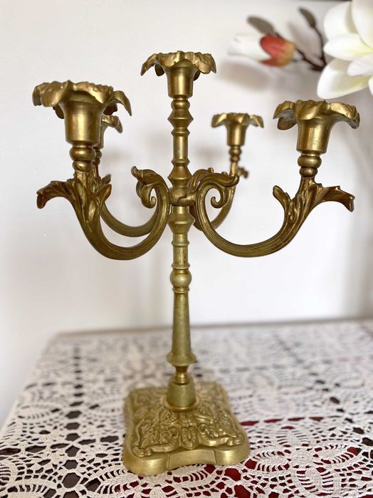 Mosiężny świecznik 5 ramienny, kandelabr - wysokość 32,5cm