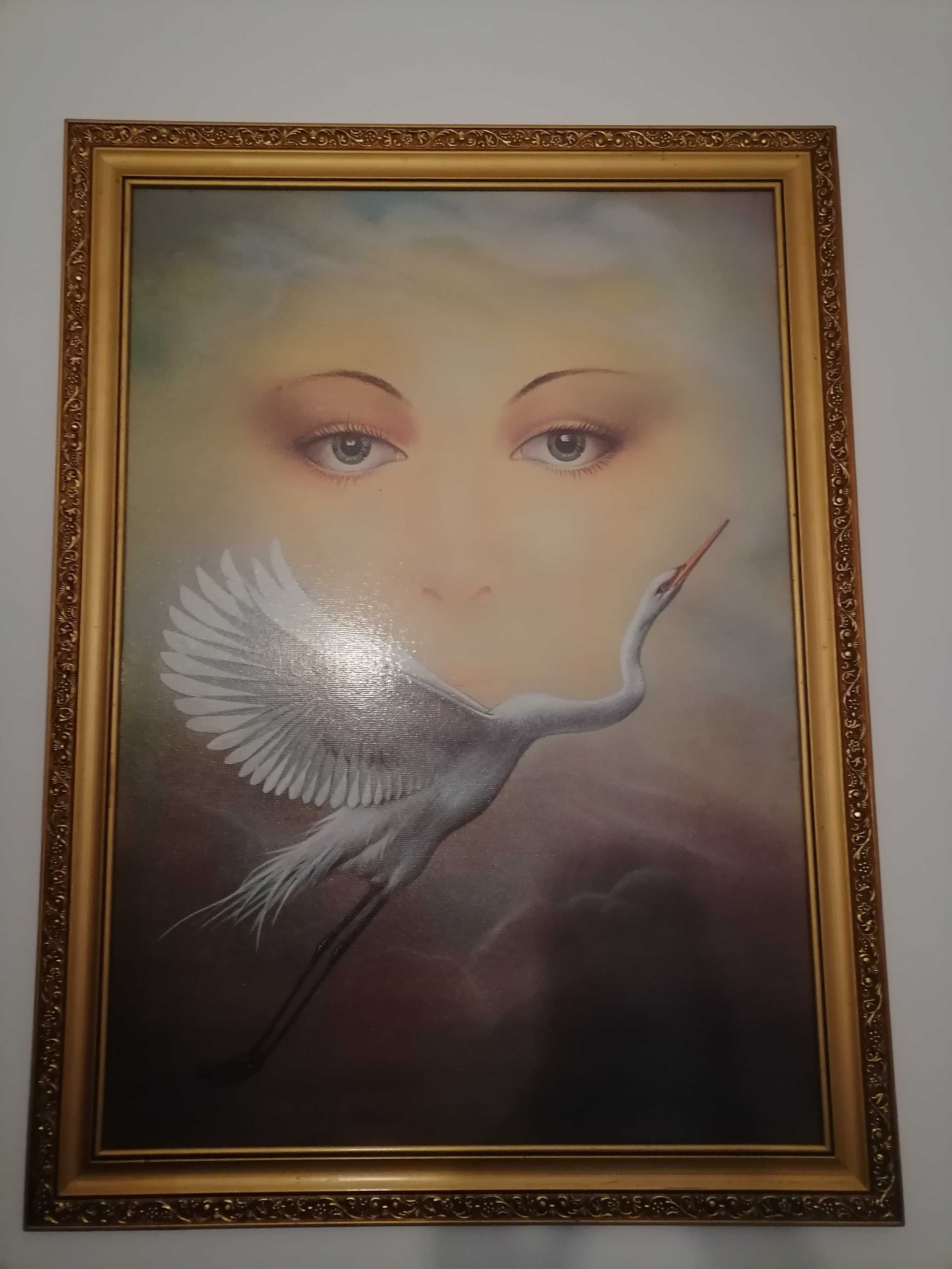 Pintura de uma garça branca antecipando um rosto feminino
