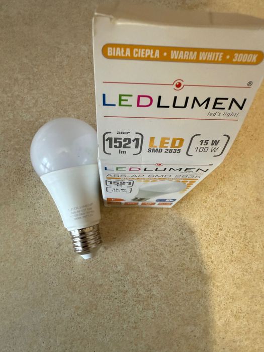 Żarówka LED E27 A65 15W = 100W SMD 1521lm 240° Energooszczędna  3000K