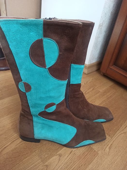 Замшеві італійські коричнево-бірюзові стильні чобітки на 36-37 розмір