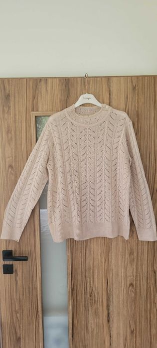Beżowy ażurowy sweter damski akryl NKD, roz L-XL