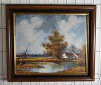 Piękny obraz holenderski w drewnianej ramie - chatka nad rzeką