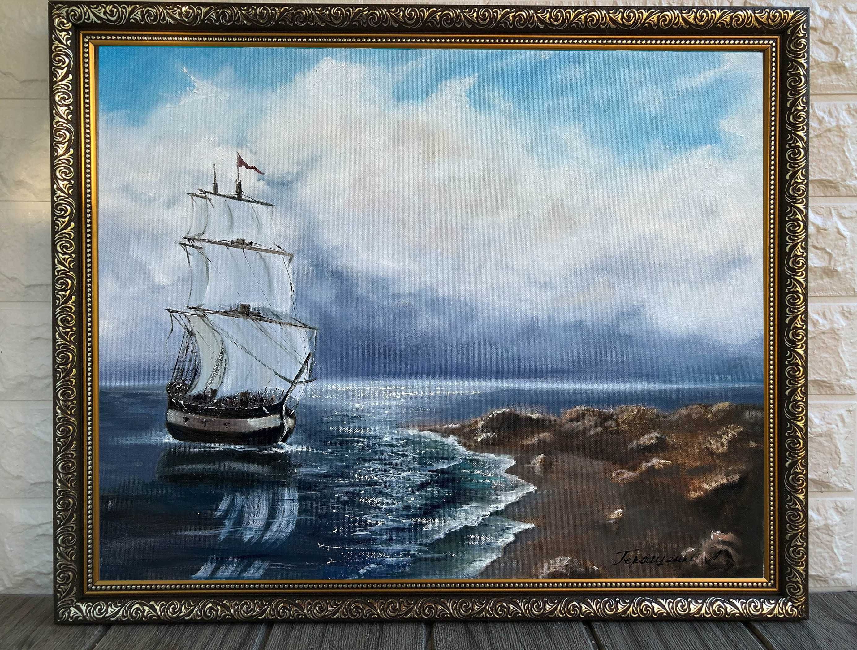 Картина Морской Пейзаж Море Небо Закат Корабль Холст Масло 40/50