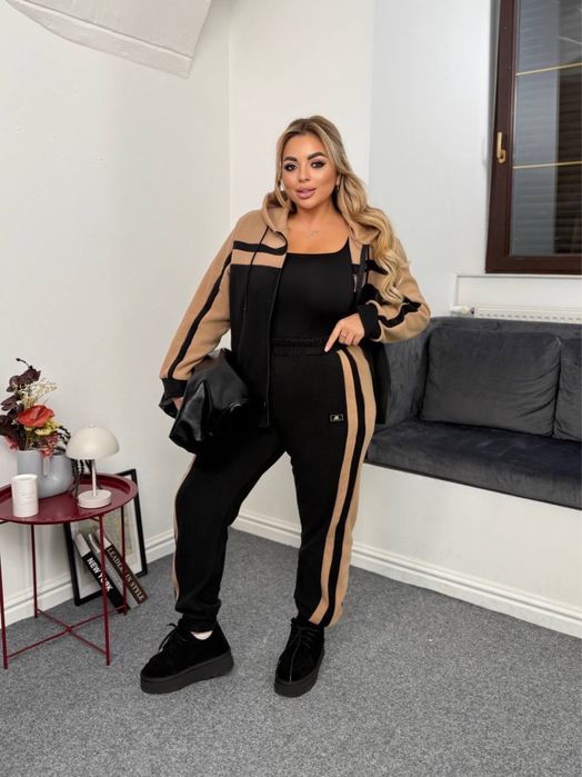 Женский флисовый костюм БАТАЛ L-3XL кофта и штаны черный/корич/хаки