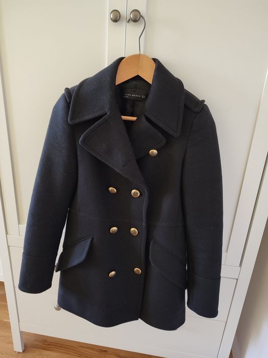 Płaszcz Zara XS militarny czarny dwurzędowy
