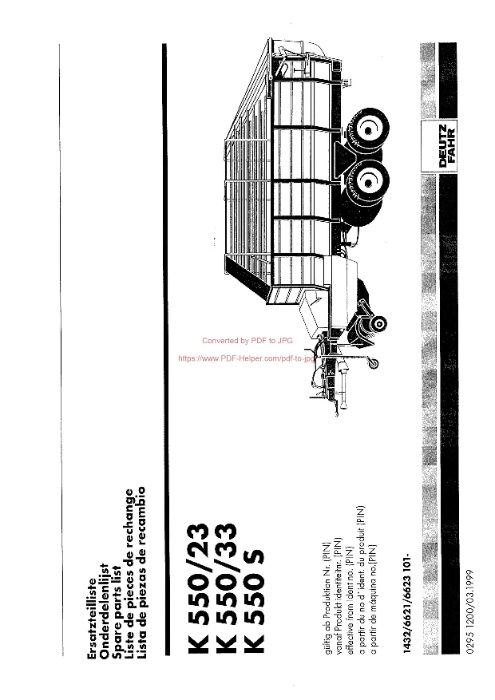 Katalog części Przyczepy samozbierającej Deutz Fahr K 550