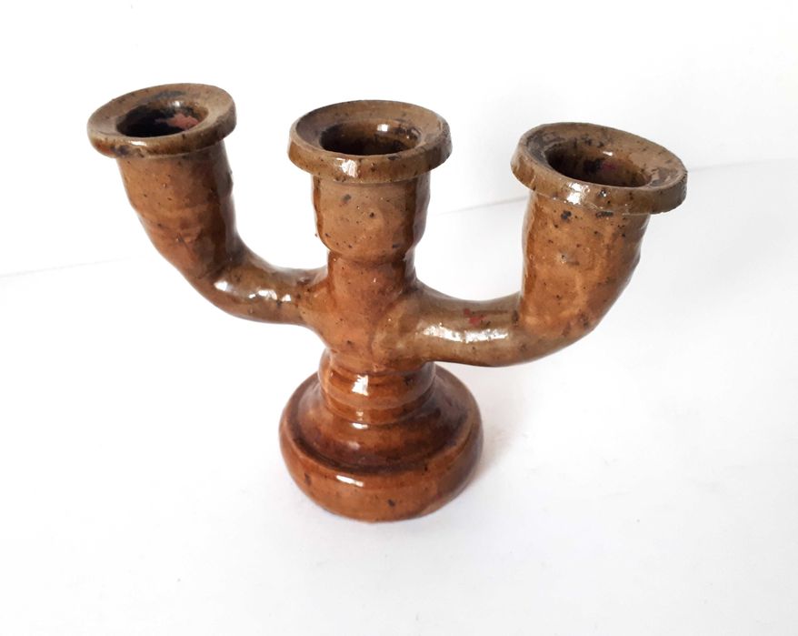 świecznik ceramiczny Iłża Chałupnik Cepelia trójramienny vintage