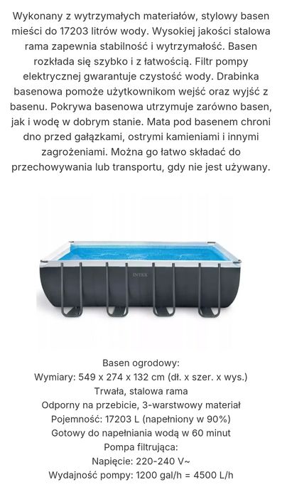 Basen prostokątny stelażowy INTEX 26356 wym 549x274x132 gumoleon 7x4m