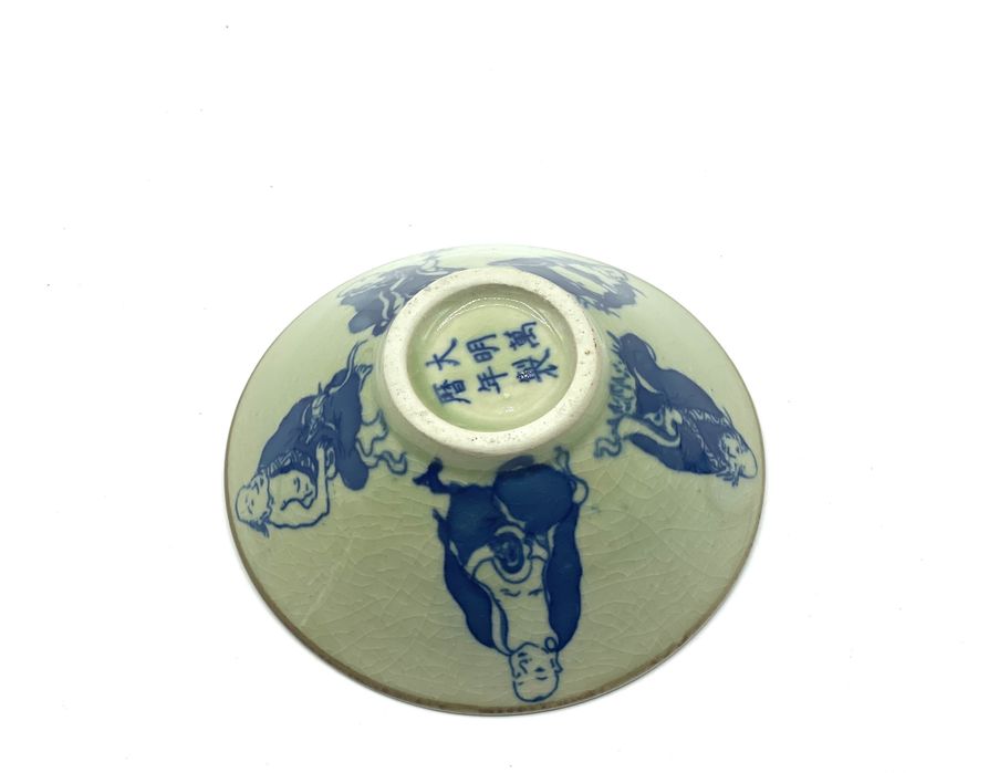 Tigela de porcelana azul e branca chinesa Ching Dinastia 9 Imortais