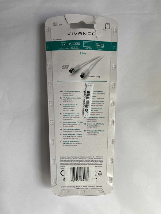 Kabel przewód antenowy RTV Coax RF M/F 90dB 3m. VIVANCO