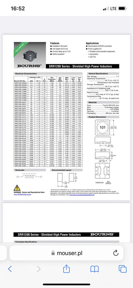 Cewki indukcyjne mocy SMD SRR 12#08-103KL Bourns Komplet Adax Koźle