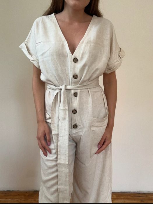 H&M beżowy kombinezon damski nalato elegancki len wiskoza