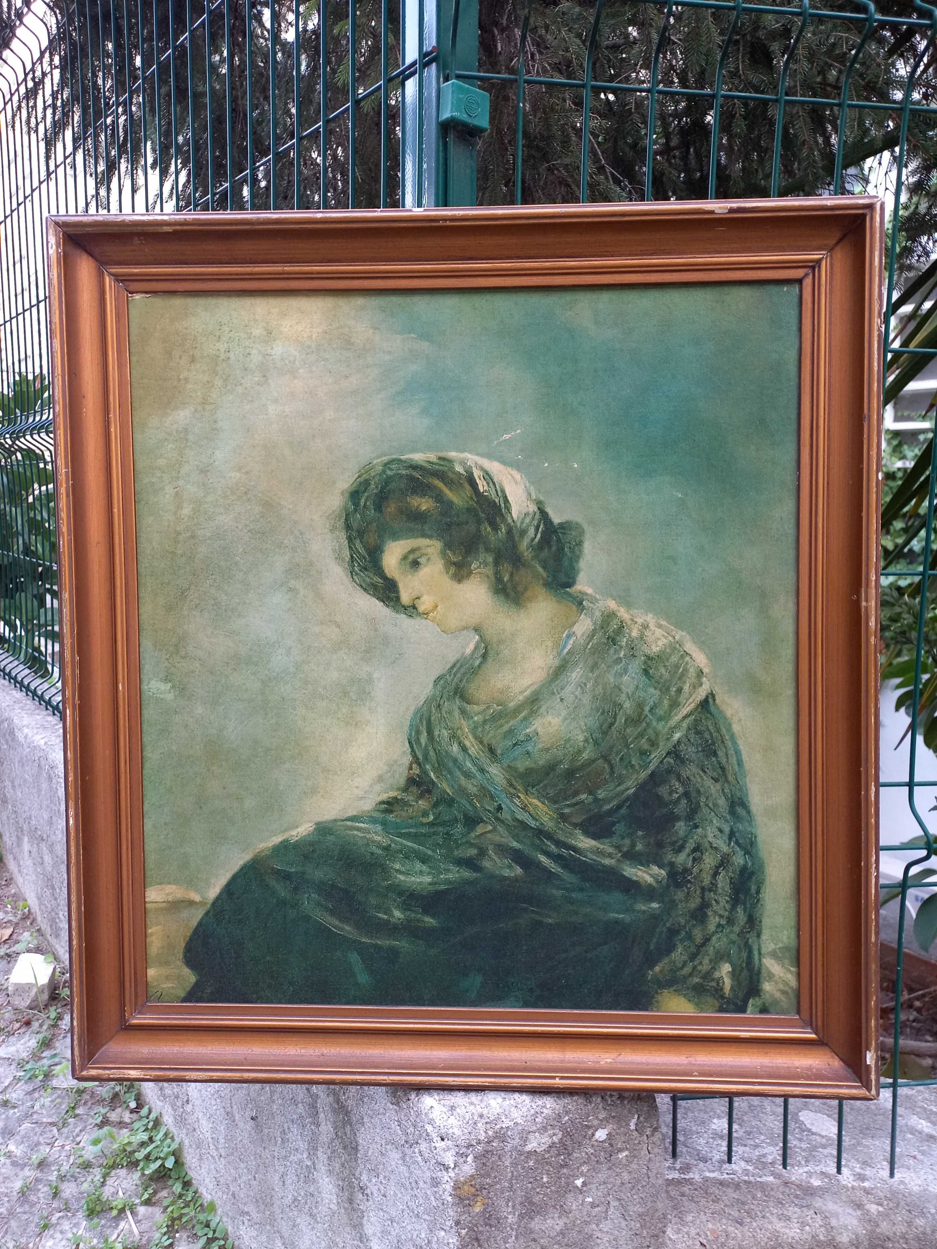 Quadro Grande Antigo Pintado á Mão com Moldura.