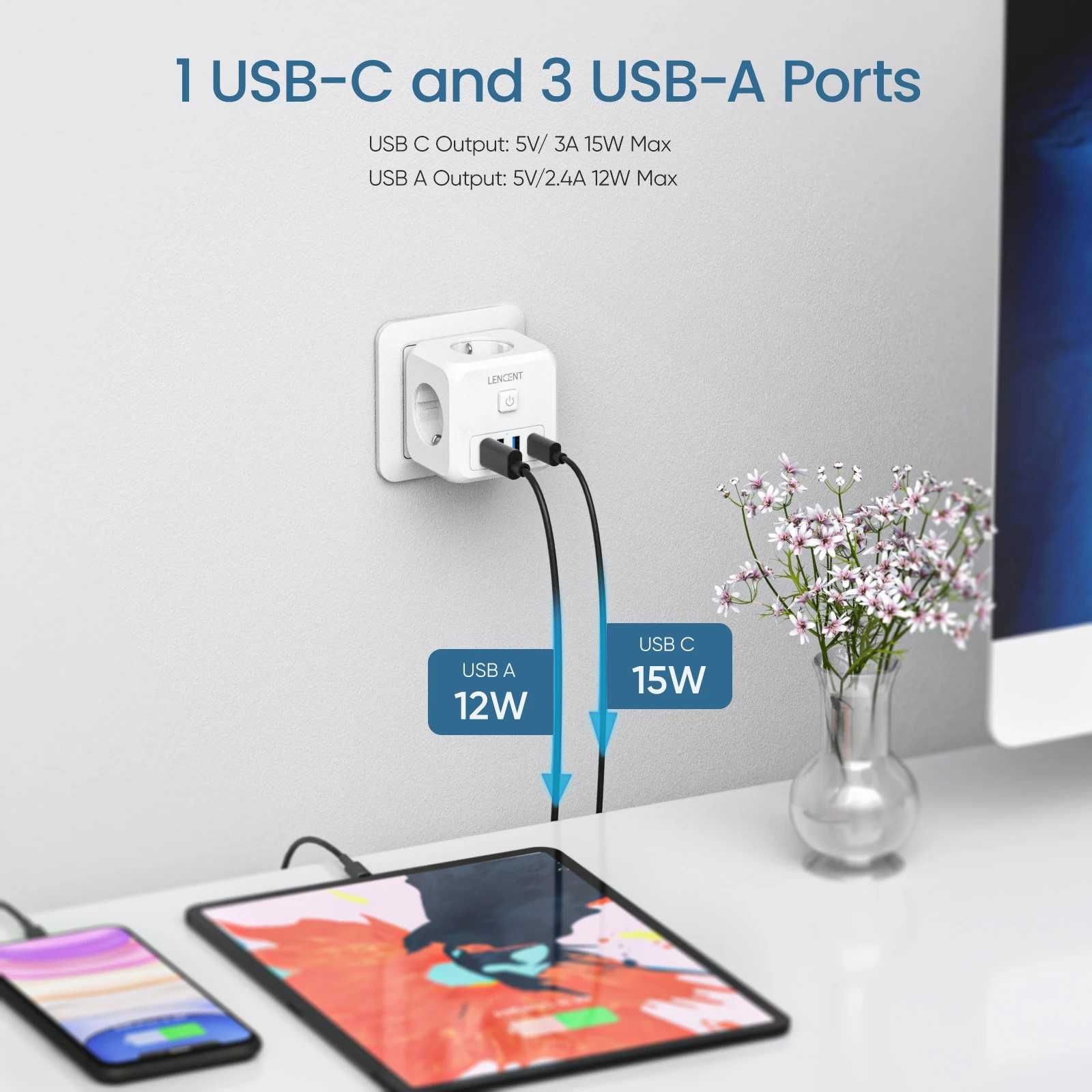 Powercube listwa zasilająca LENCENT 7 w 1 USB