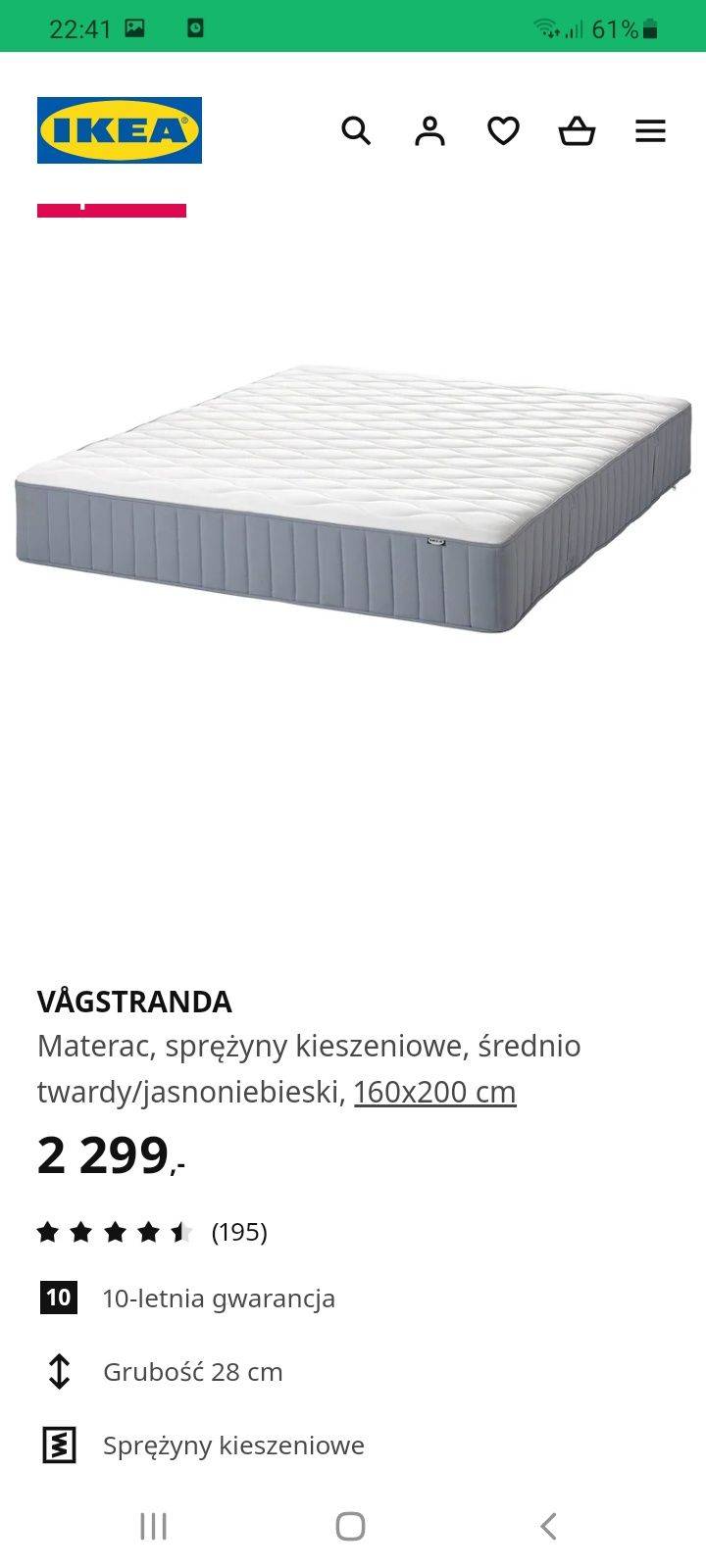 Materac sprężynowymi ikea 160/200