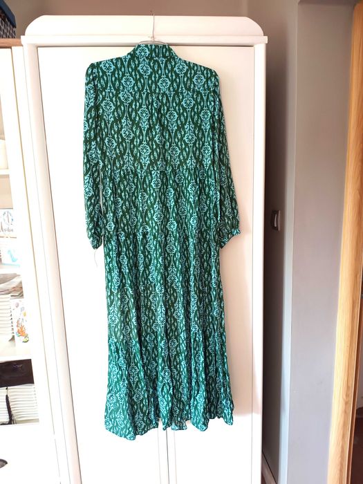 zielona sukienka długa maksi z długim rękawem 38M boho aztecka morska