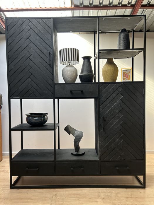 Szeroki regał szafka mango drewniana metal LOFT czarna jodełka
