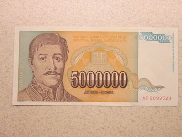 Banknot 5 mln dinarów jugosławia