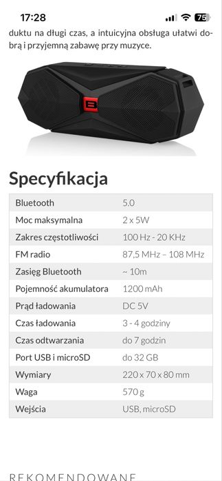 Głośnik przenośny Blutooth 2x5W, akumulator, radio FM
