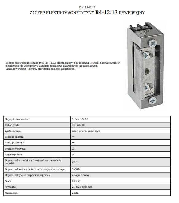 Zaczep elektromagnetyczny typu R4-12.13 DC przeznaczo. do drzwi furtek