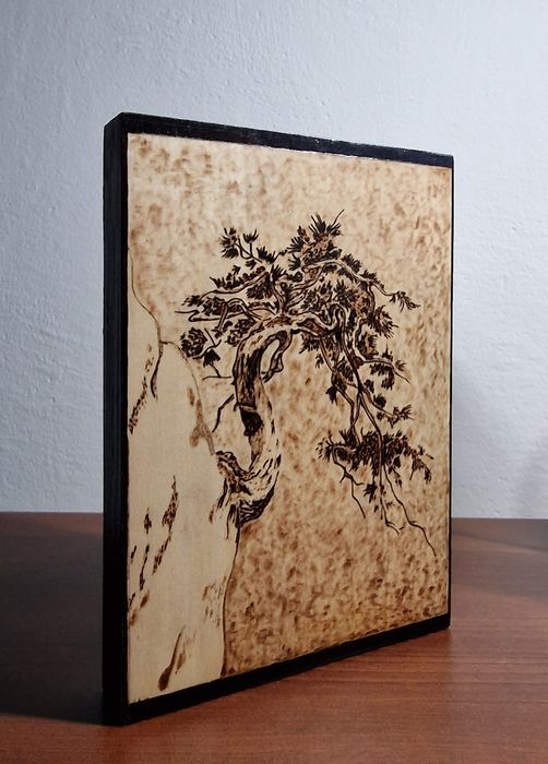 Bonsai, obraz, dekor, prezent, Japonia, pirografia, deska lipowa 15x20