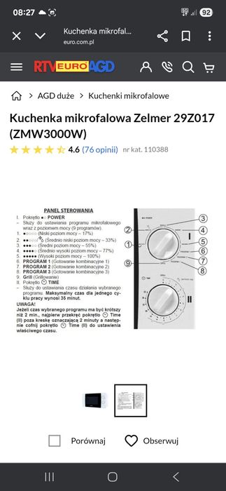 Mikrofalówka Zelmer 29Z017 używana z tależem