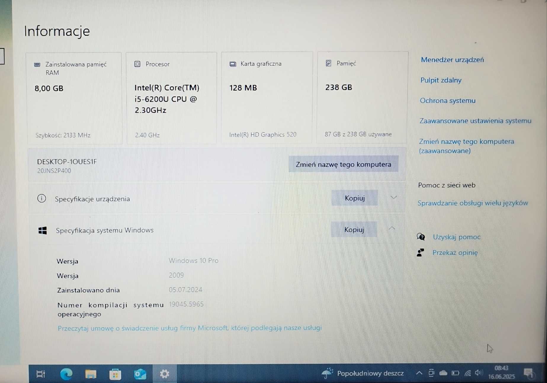 14" Laptop Lenovo T470 i5-6300U 8GB RAM Dysk 256GB SSD Windows 10