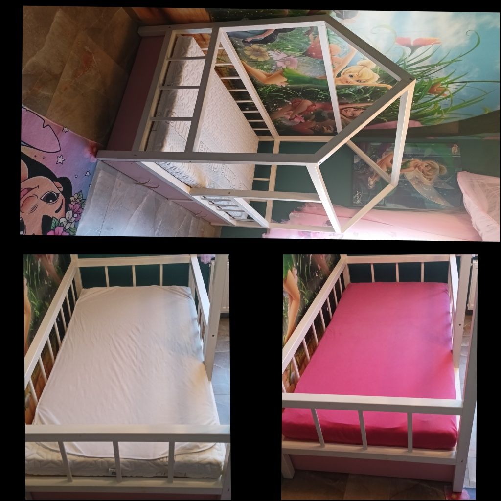 Łóżko dziecięce drewniane domek z 2 szufladami+materac itd..
