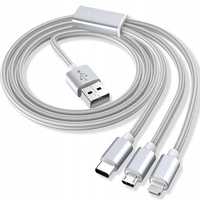 Mocny kabel USB przewód 3w1 do iPhone lightning micro typ-c 120cm