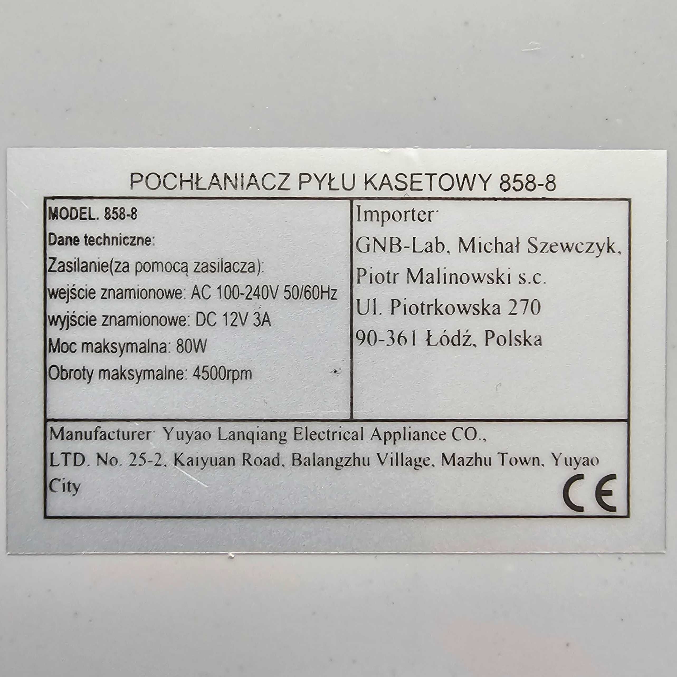 Pochłaniać pyłu kasetowy, model 858-8