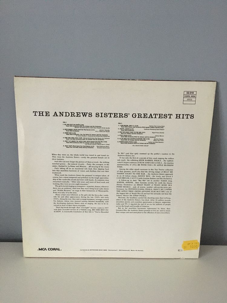 The Andrew Sisters greatest hits największe przeboje winyl