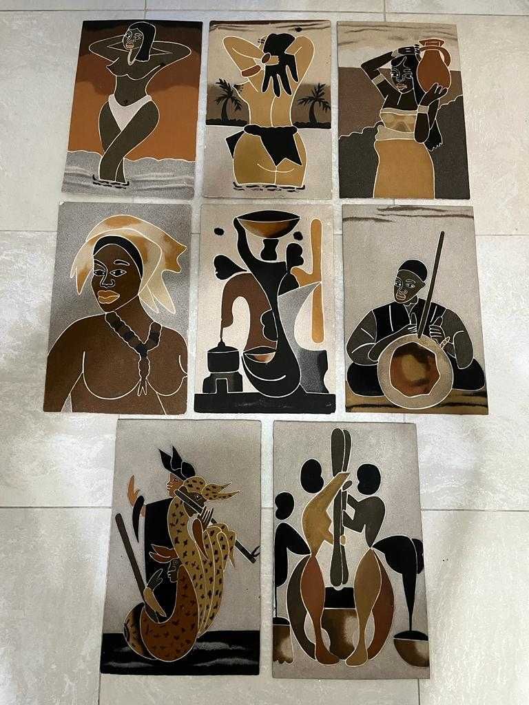 Conjunto de 8 quadros pintados em areia sobre madeira