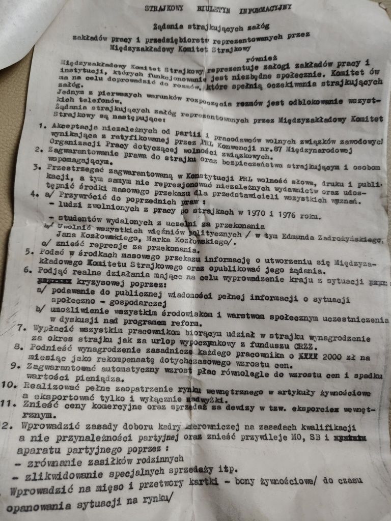 Dokumenty  z okresu strajku 1980 roku