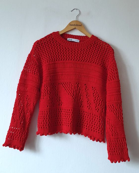 Czerwony ażurowy sweter zara s