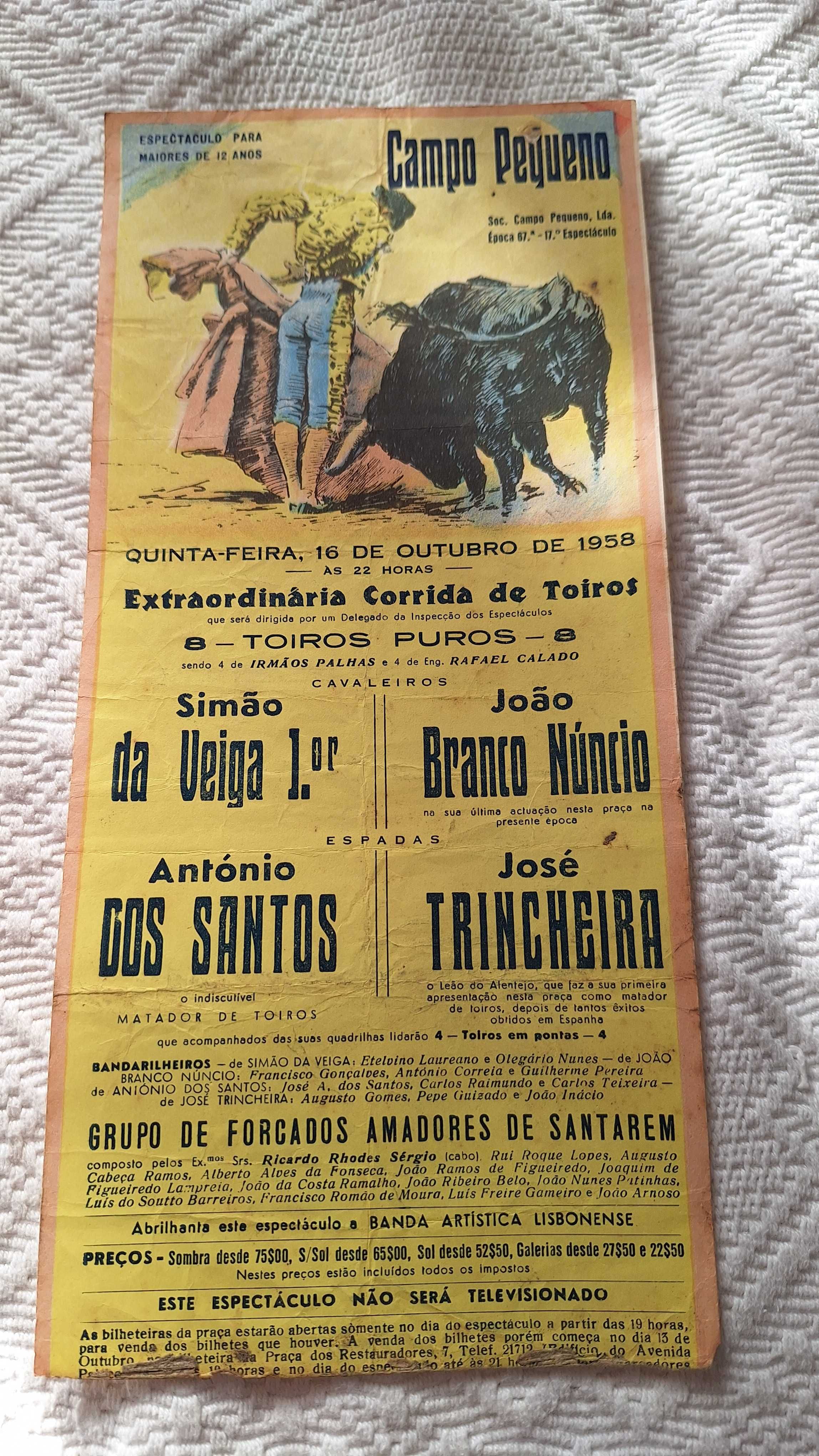 Cartaz panfleto corrida de toiros tourada tauromaquia 1958