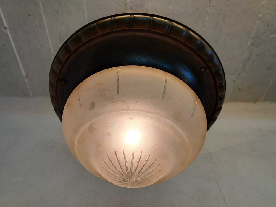 Plafon mosiężny art deco secesja szklany klosz grawerowany ampla lampa