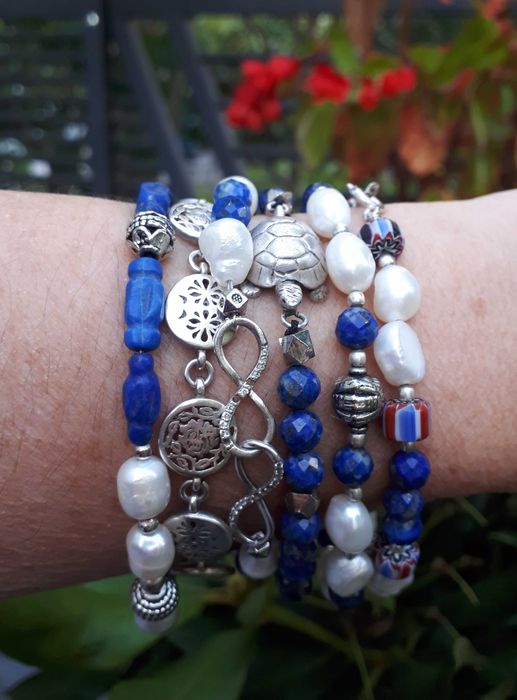 Bransoletka z kamieni Lapisu Lazuli i srebrny żółwiem 925